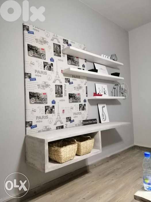 TV stand with rustic shelves and fabrics wood ستاند تلفزيون مع تنجيد 5