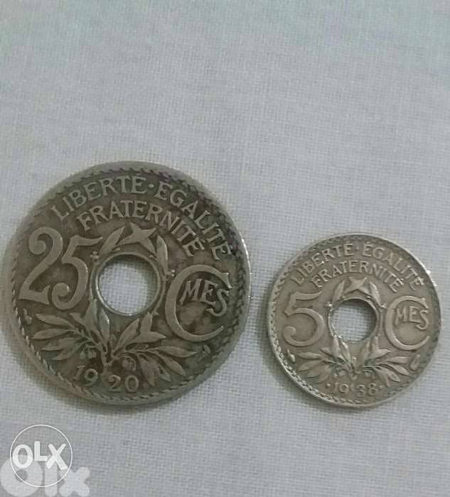 Two French Francs Coins with holes 25 & 5 centimes year 1920& 1938 0