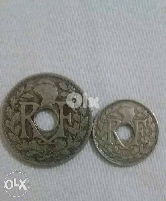 Two French Francs Coins with holes 25 & 5 centimes year 1920& 1938 1