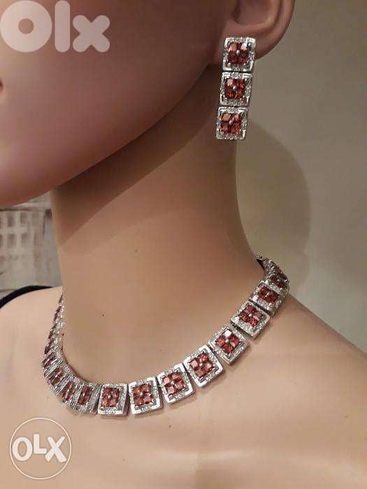Faux Bijoux Square Ruby & Zircon Silver Necklace & Earrings 1