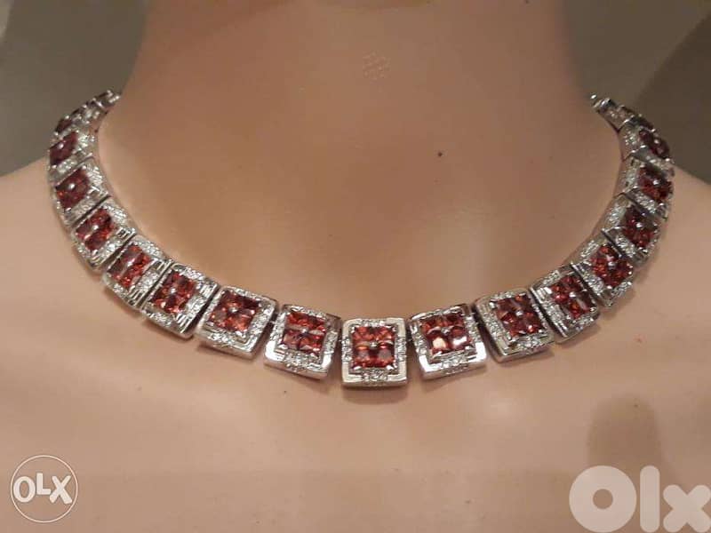 Faux Bijoux Square Ruby & Zircon Silver Necklace & Earrings 2