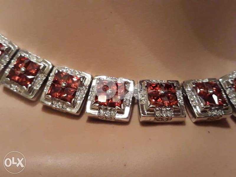 Faux Bijoux Square Ruby & Zircon Silver Necklace & Earrings 3