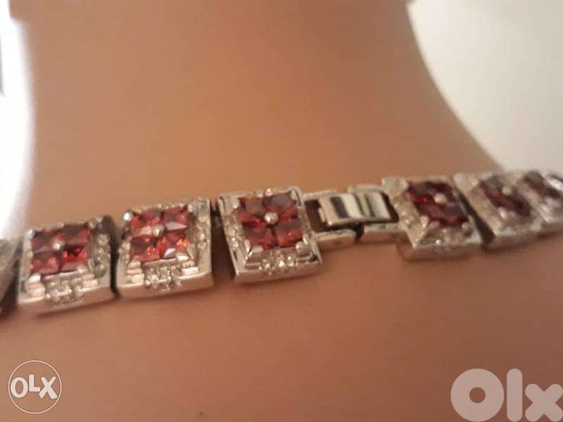 Faux Bijoux Square Ruby & Zircon Silver Necklace & Earrings 4