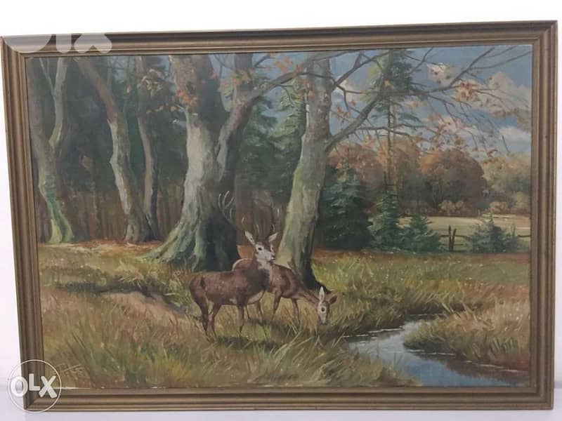 mid century European oil deer forest signed 0