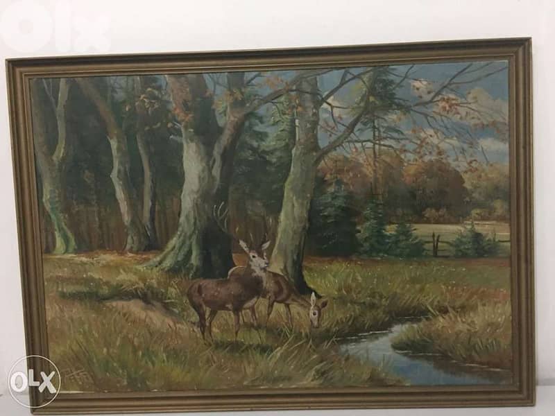 mid century European oil deer forest signed 1