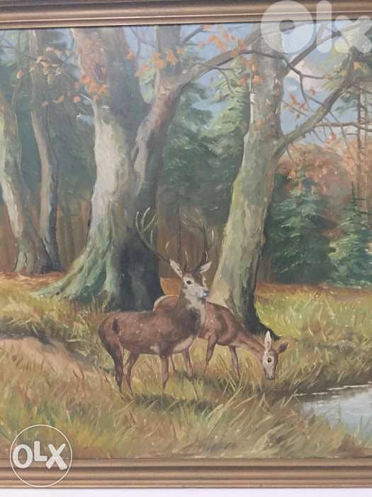 mid century European oil deer forest signed 2