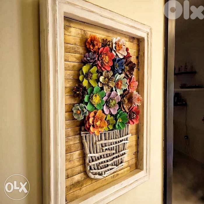 Handmade flowers basket wood framed 1