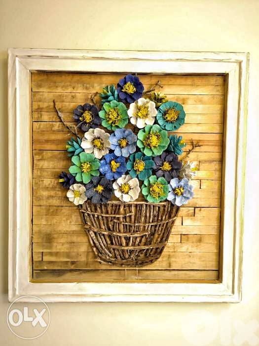 Handmade flowers basket wood framed 2