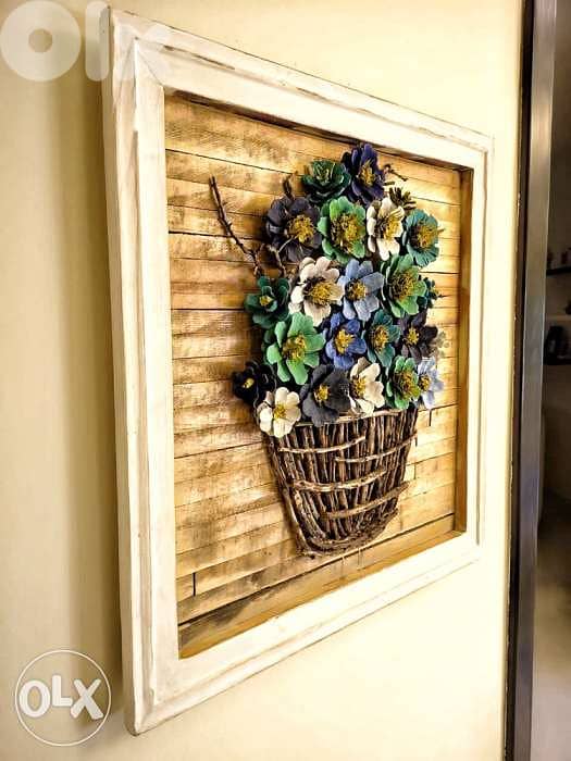 Handmade flowers basket wood framed 3