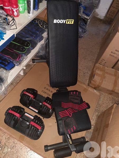 Heavy-duty Bench + pair Adjustable Dumbbells + Gym Gloves 1