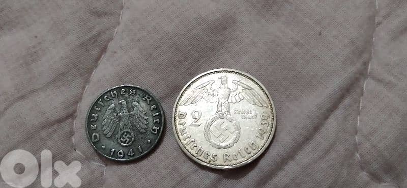 Set two German Nazi Coins 2 Marks Silver&10 Pfinng Coin WW2 1939- 1945 0