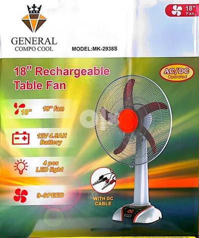 General compo cool   Rechargeable   18”   9 speeds      Ac  Dc 12v