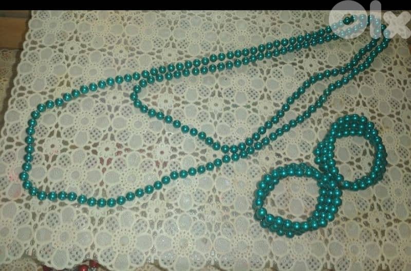 necklace green emerald set pearl necklace+2bracelets 6