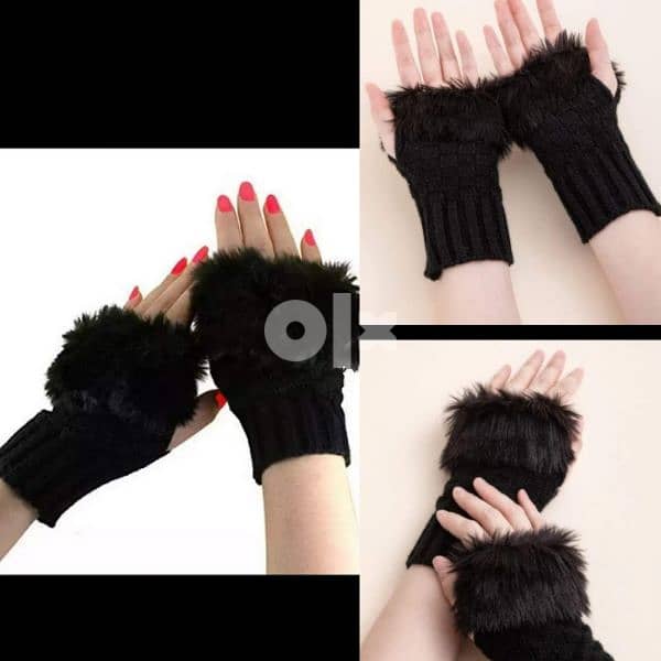 wool half fingers gloves with black fur 0