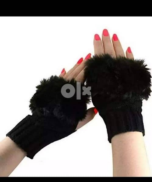wool half fingers gloves with black fur 1