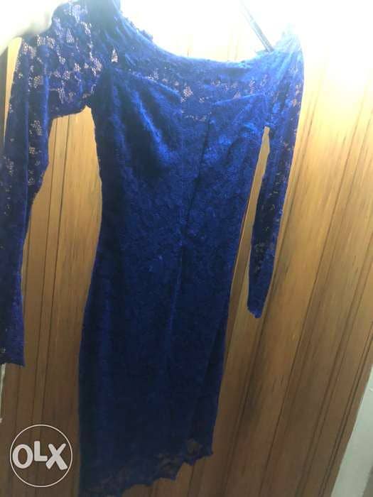 navy blue short dress; long sleeve, فستان لون نيلي مميّز مع دنتال 5