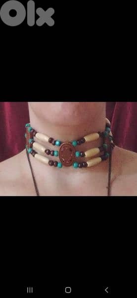 necklace brown and blue vintage wooden 1