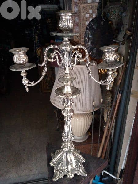 شمعدين نحاس مفضض كبير 3 شمعات فخامة 0