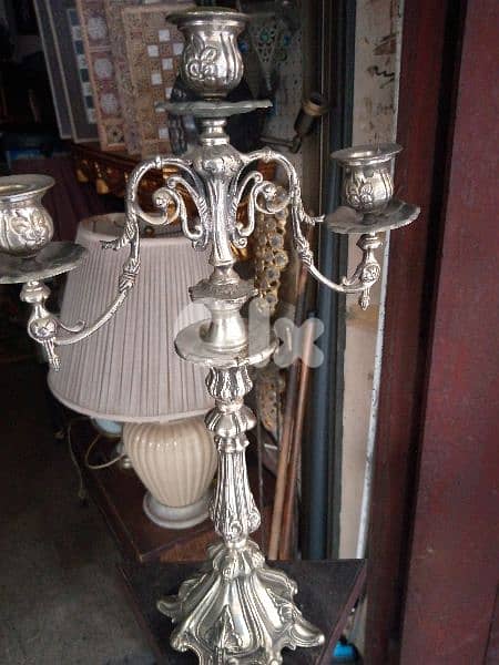 شمعدين نحاس مفضض كبير 3 شمعات فخامة 1