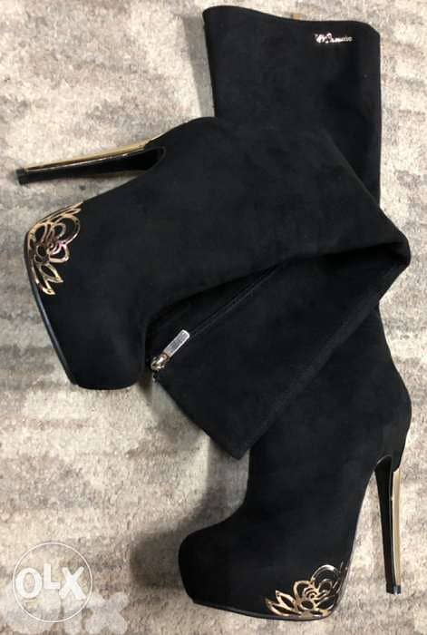 High heel boots, women shoes with elegant gold black 3