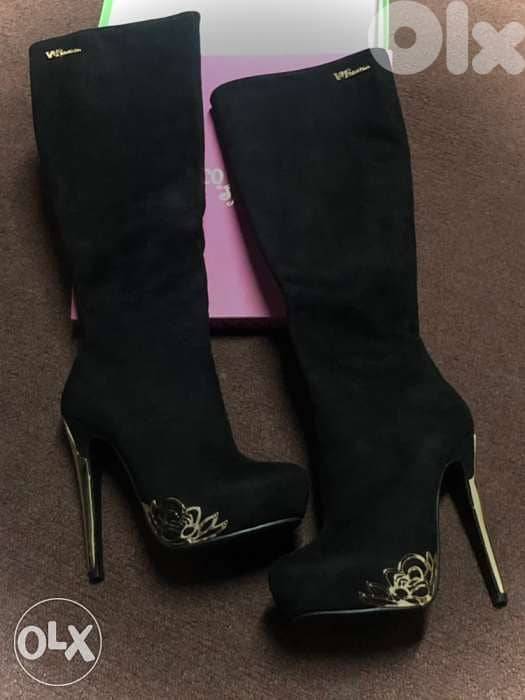 High heel boots, women shoes with elegant gold black 6
