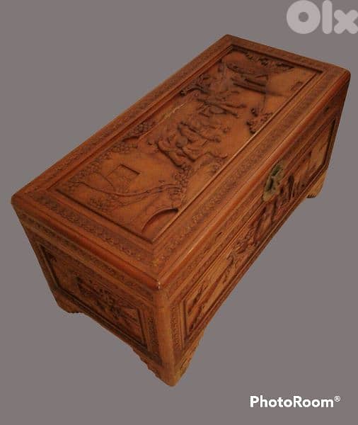 19th. century Chinese camphor wood chest entirely carved by hand 0