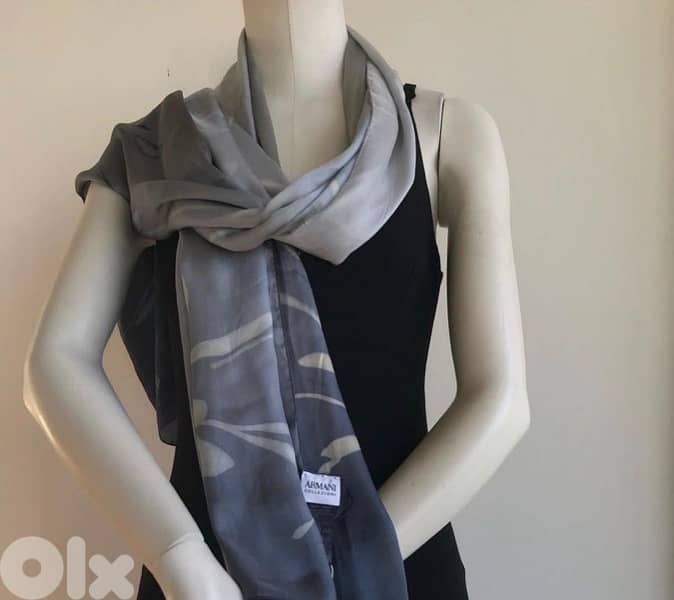 Armani Collezioni grey and blue 100% silk scarf 1