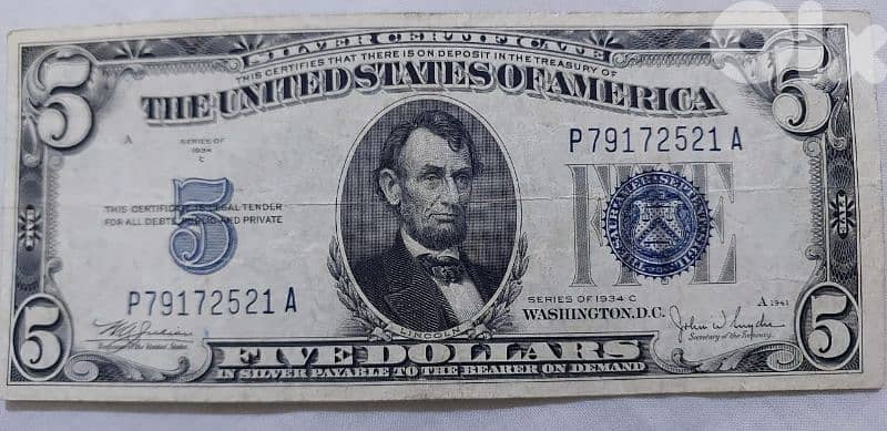 Five USA banknote  year 1934 Silver Certificate 0