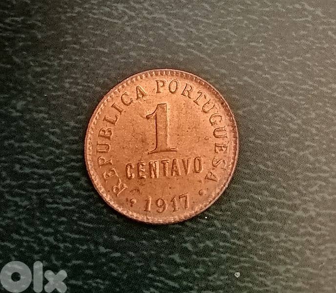 1917 Portugal 1 centavo bronze coin 0