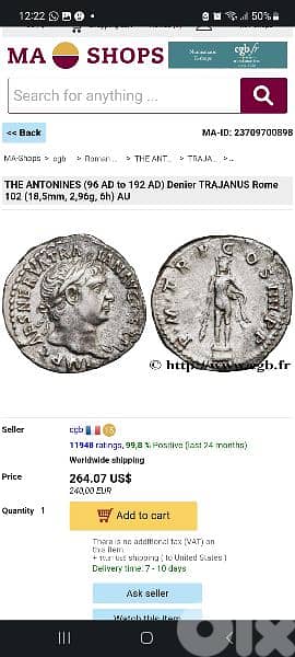 Ancient Roman Silver coin for Emperor Trajan year 98 AD 2