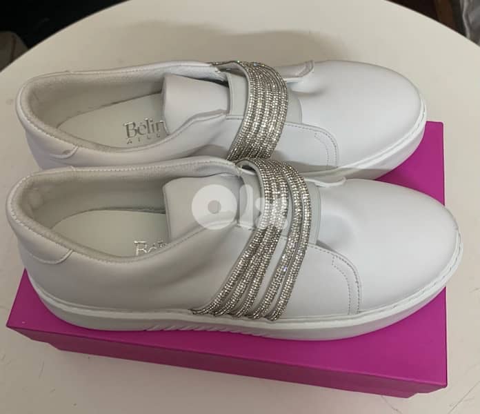 Bélinda Atelier Leather Rhinestone slip on sneakers-White 2