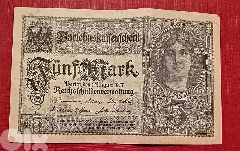 1917 Germany 5 Mark banknote 0