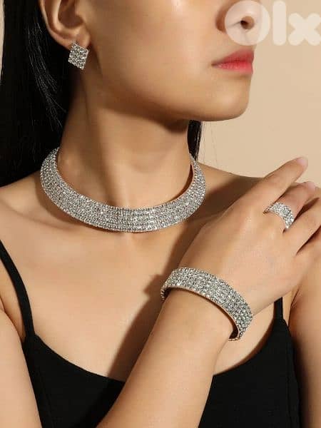 5 crystal rows  set 4pcs high quality necklace bracelet ring earrings 0