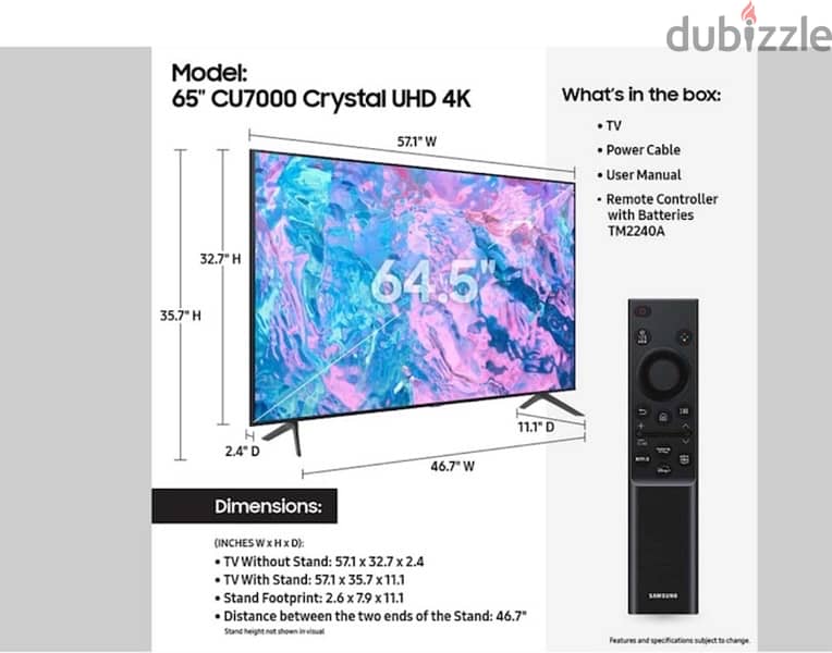 Samsung 65” DU7000 4K TV 3