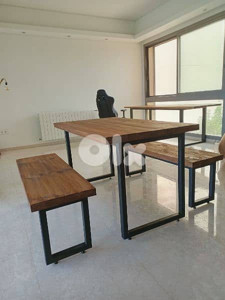 wood and steel industrial dining table with 2 benches 0
