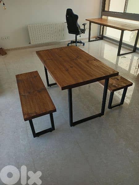 wood and steel industrial dining table with 2 benches 1