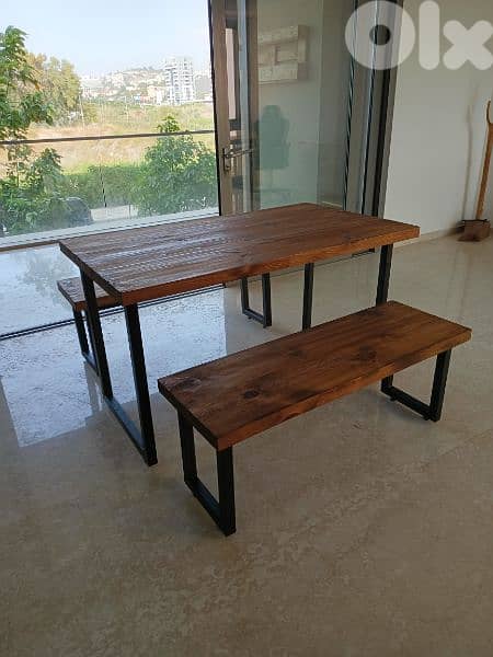 wood and steel industrial dining table with 2 benches 2