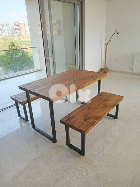 wood and steel industrial dining table with 2 benches 3